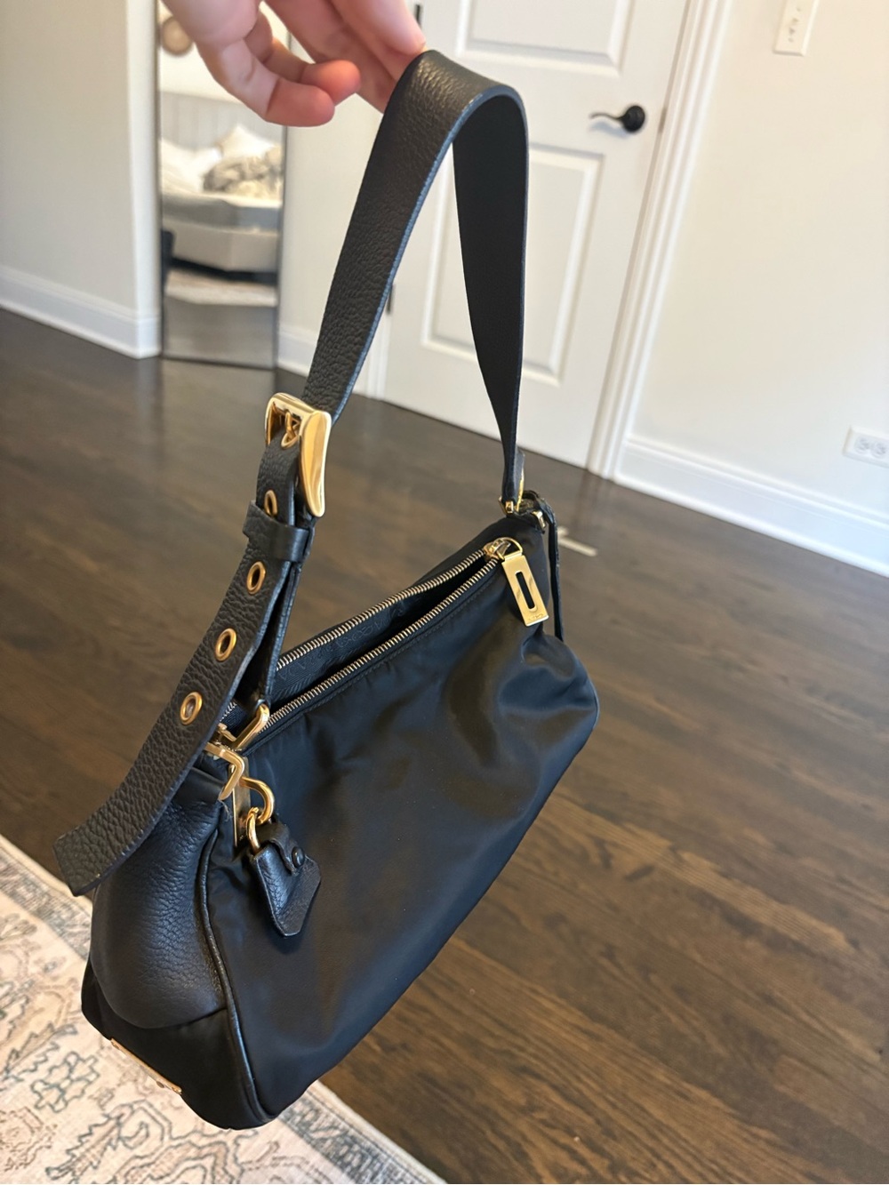 Prada Black Nylon and Leather shoulder bag with Gold Hardware - Picture 2 of 12